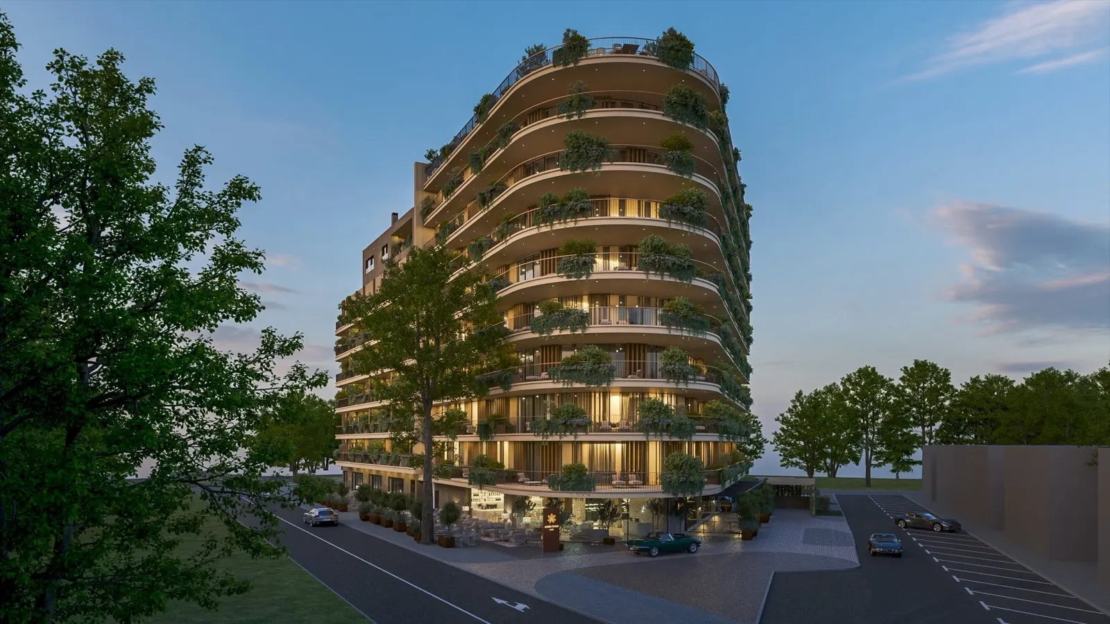 Green Tower Umag — večernji render kompleksa